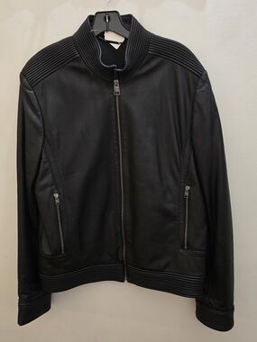 Versace Collection Black Lightweight Ribbed-Trim Genuine Leather Jacket
